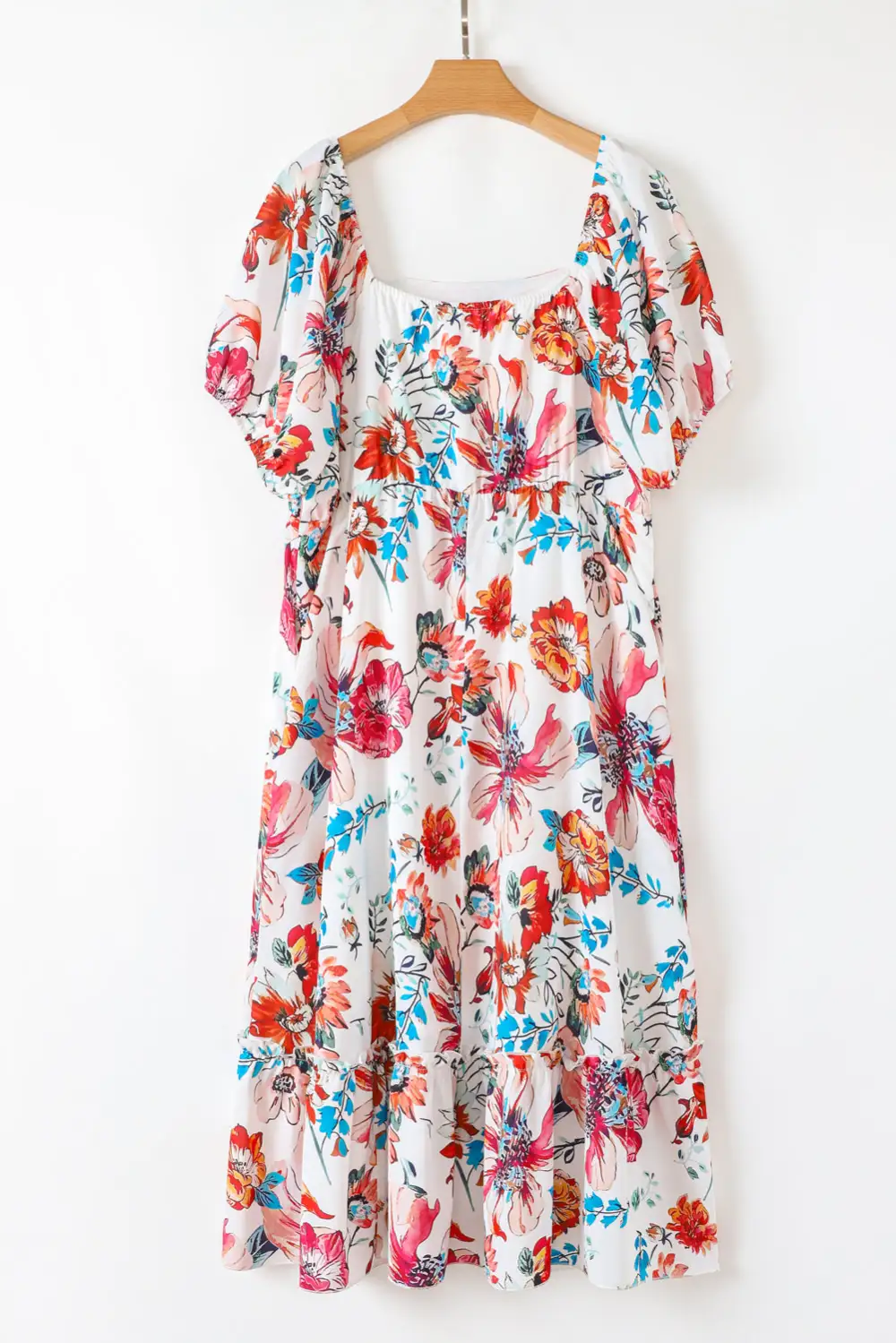 Floral Square Neck Puff Sleeve Midi Dress