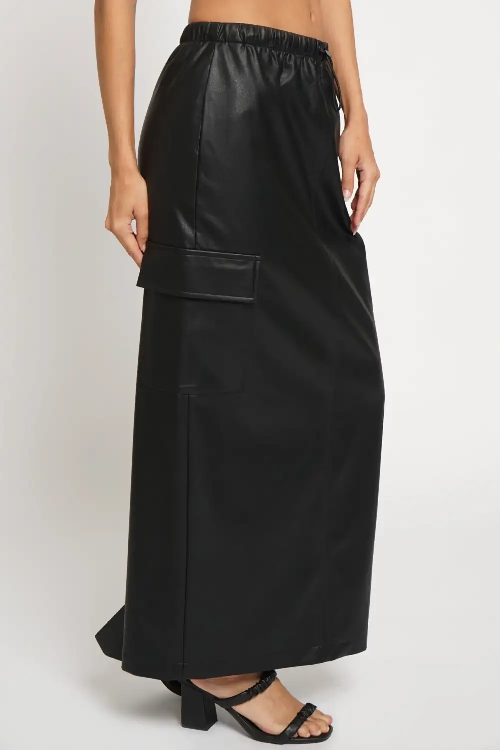 Faux Leather Cargo Maxi Skirt With Back Slit