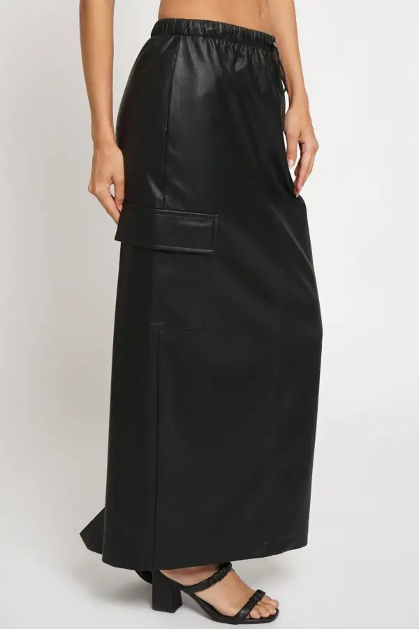 Faux Leather Cargo Maxi Skirt With Back Slit