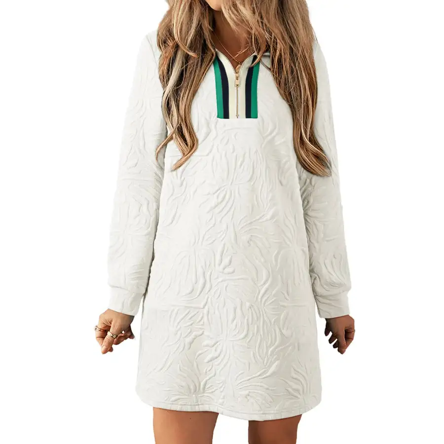 Jacquard Textured Quarter Zipper Shift Mini Dress
