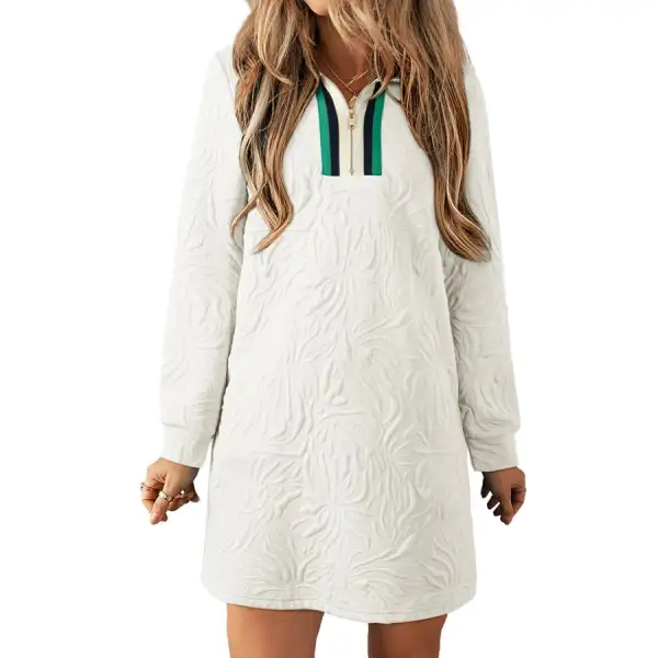 Jacquard Textured Quarter Zipper Shift Mini Dress