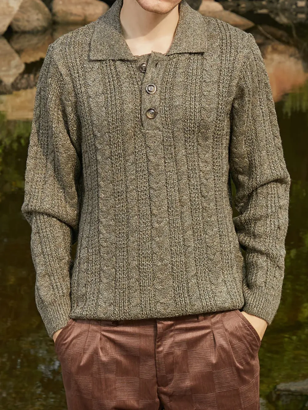 Green Casual Style Knit Collared Sweater