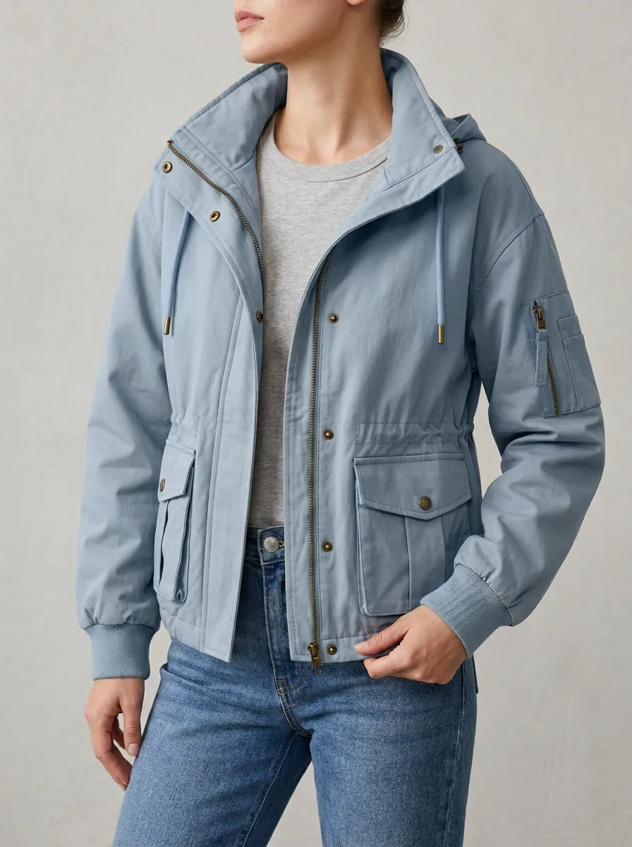 Hooded Utility Zip-Front Women's Casual Jacket