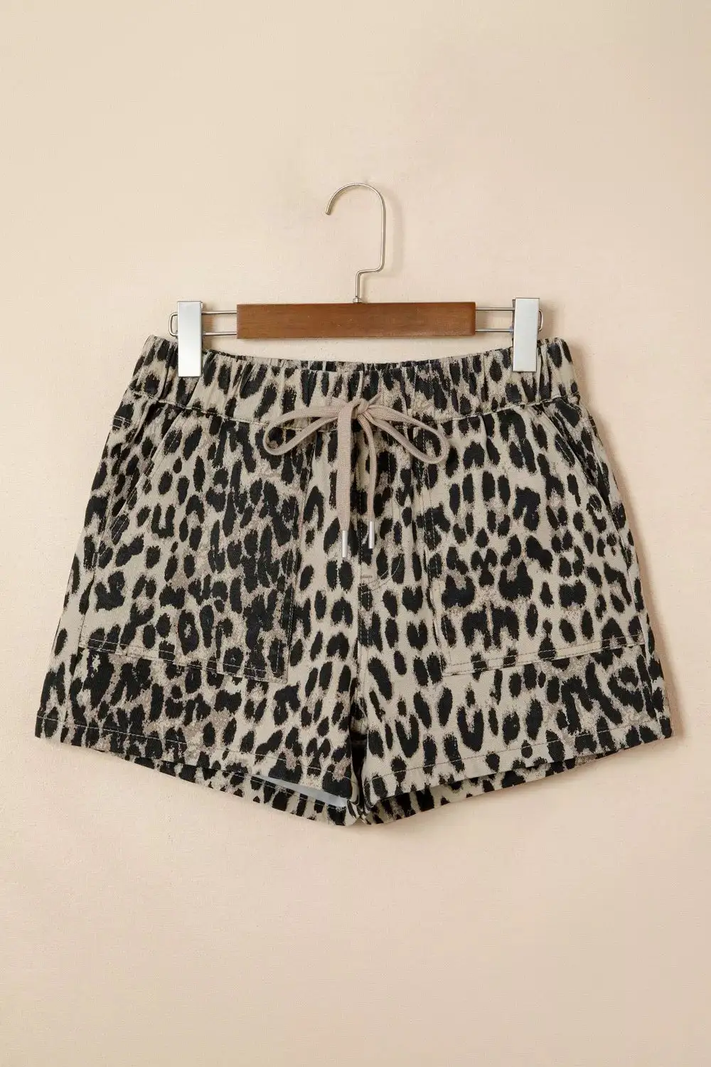 Leopard Print Lace Up Elastic Waistband Mid Rise Denim Shorts