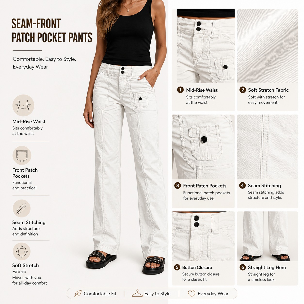 Patch pocket seam stitching and fabric detail breakdown