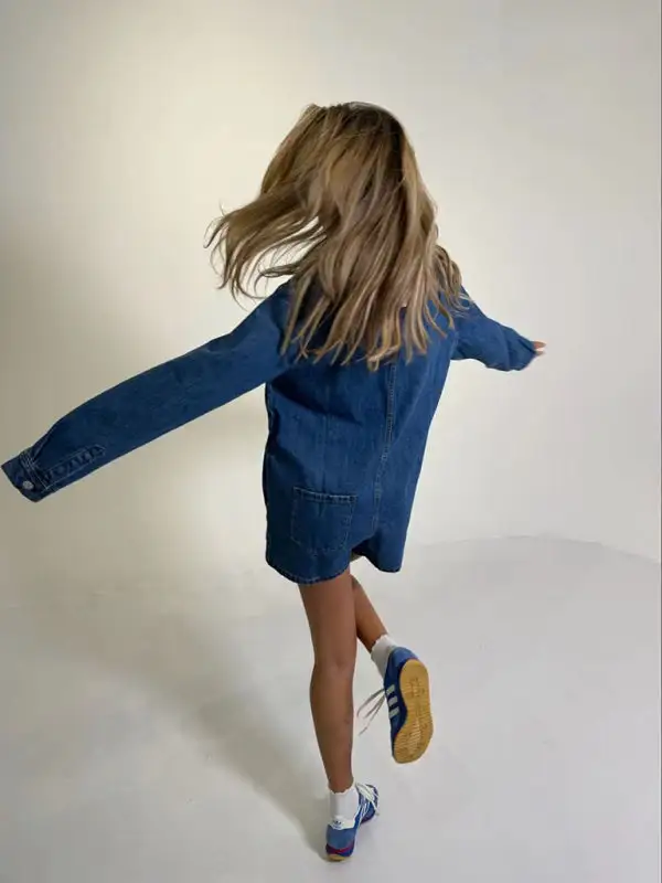 Lapel Long Sleeve Shorts Jumpsuit Denim Pants