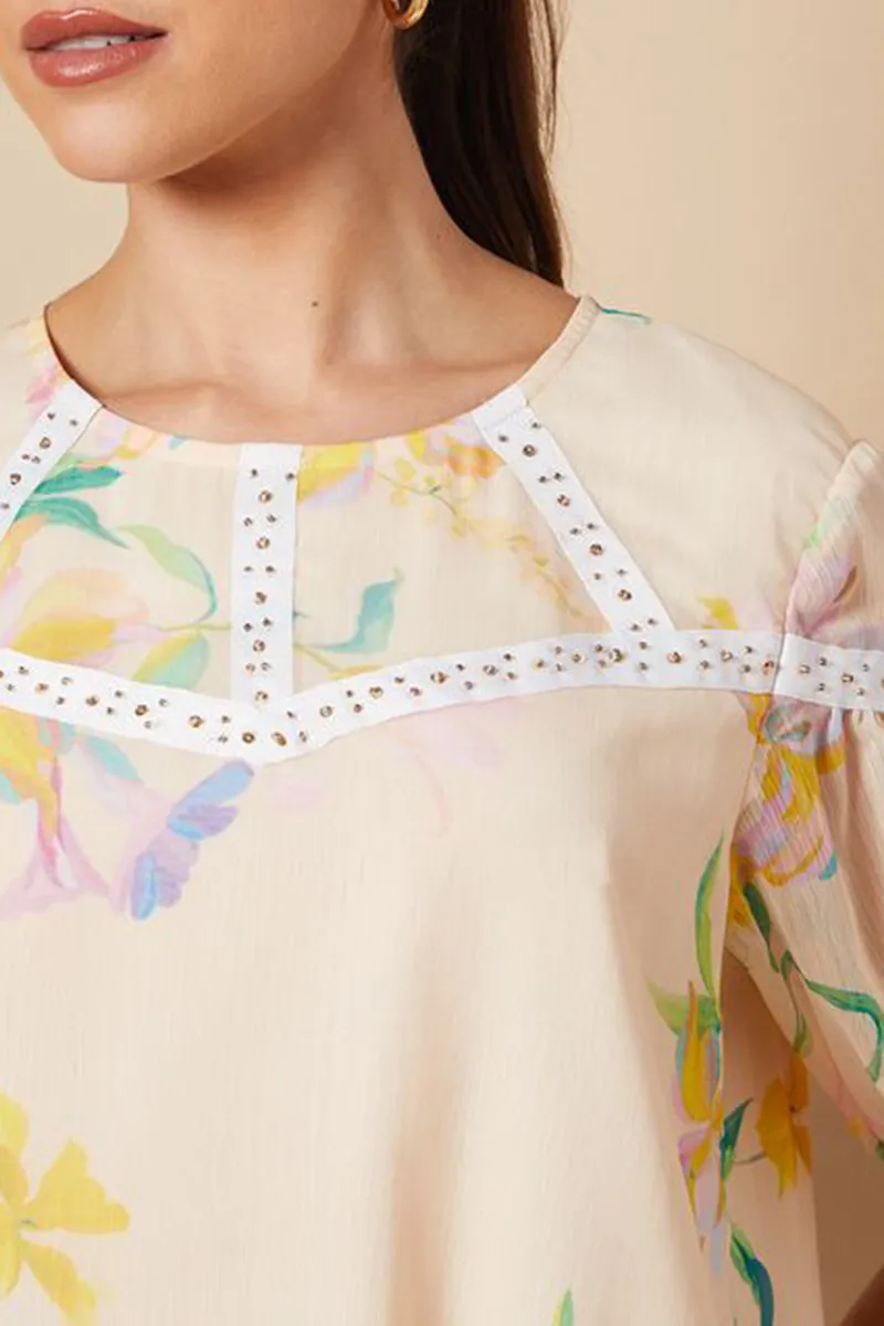 Casual Style Floral Hand Embellished  Blouse