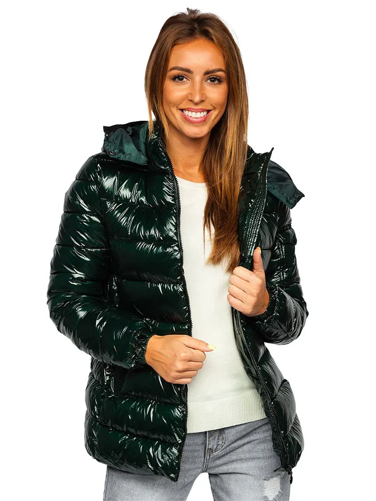 women's green quilted winter jacket with hood