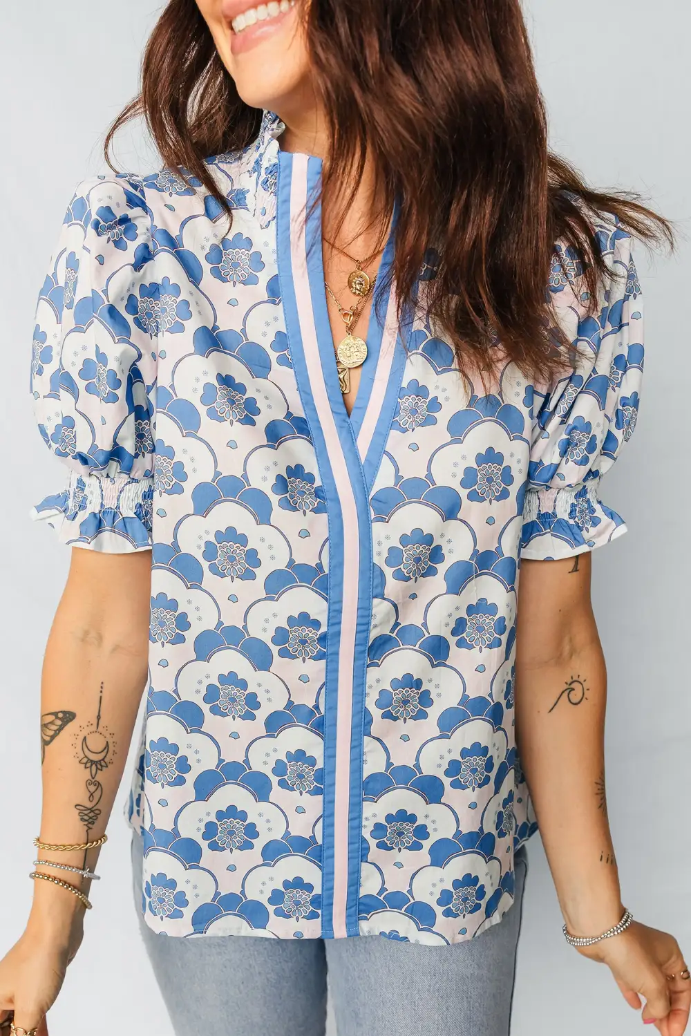 Sky Blue Floral Print Flounced Short Sleeve Contrast Trim V Neck Blouse