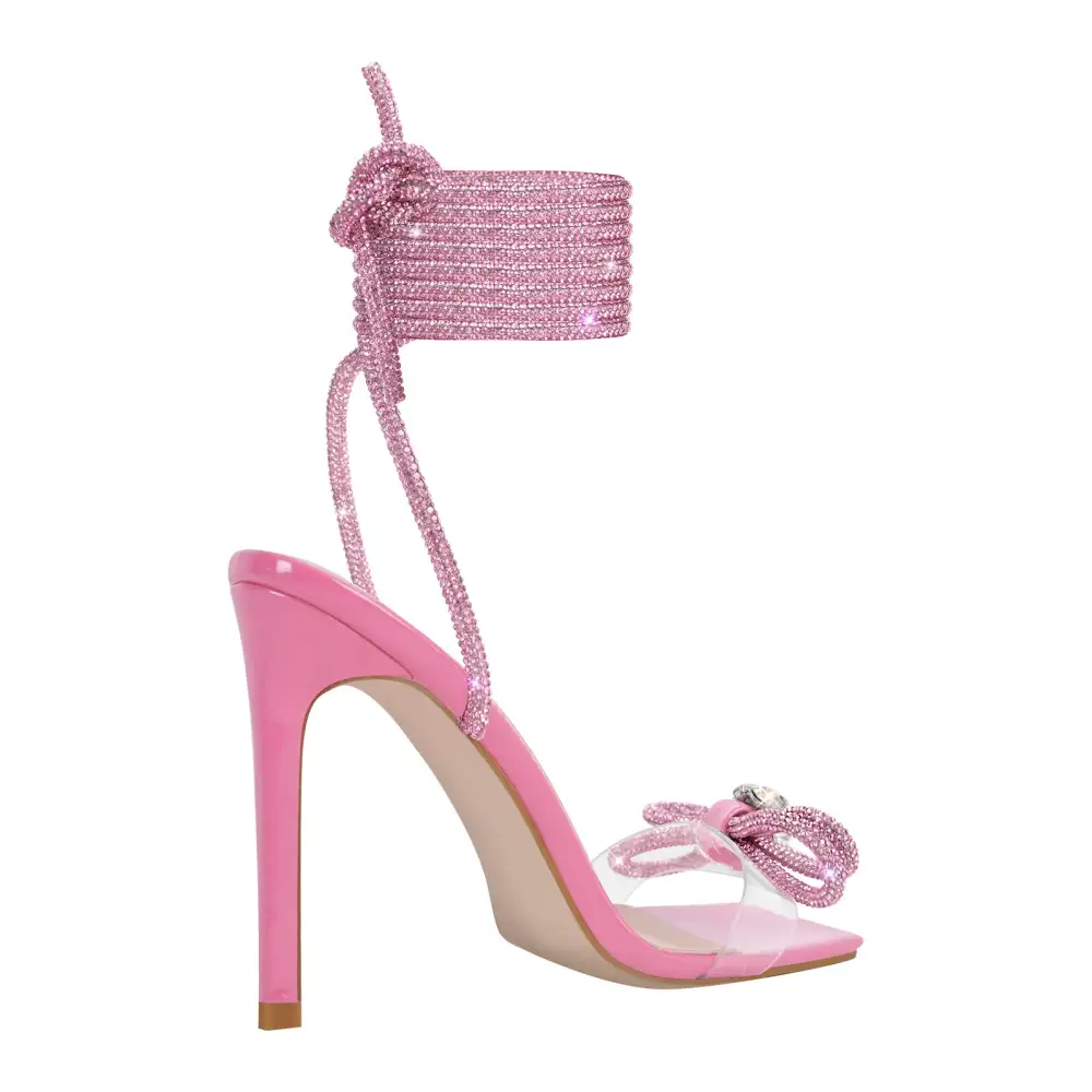 Square Toe Rhinestone Lace Up Stiletto Sandals