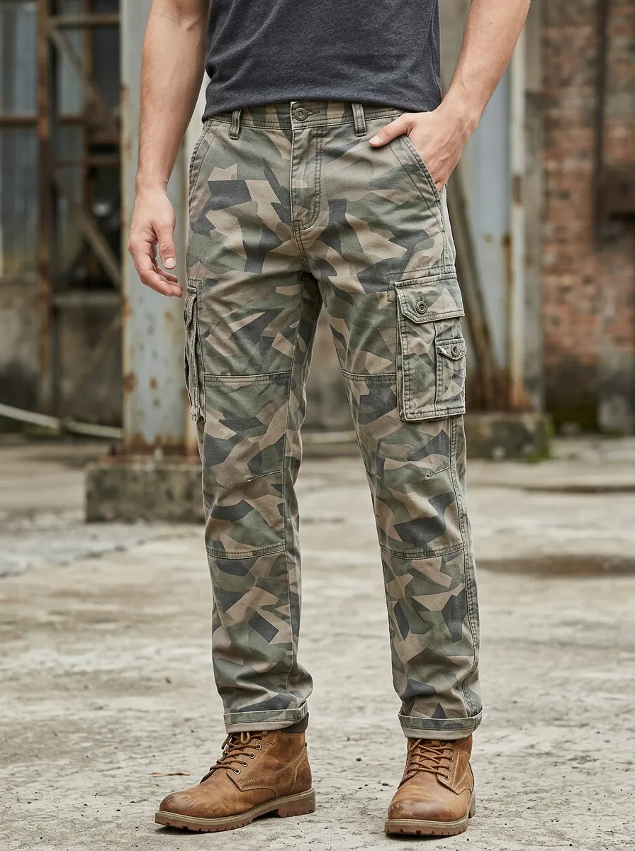 Men's Reinforced Knee Cargo Pants with Camouflage Detail