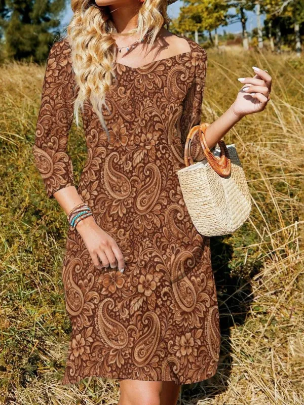 Brown Back Zipper Print Dress