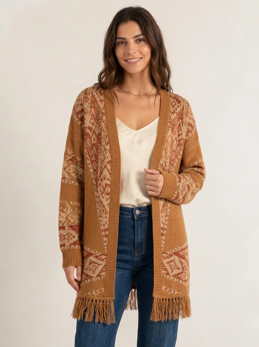 Women's Boho Style Geometric Pattern Knitted Tassel Cardigan
