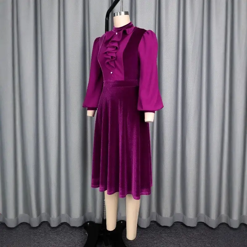 Ruffle Trim Long Sleeve A Line Dress