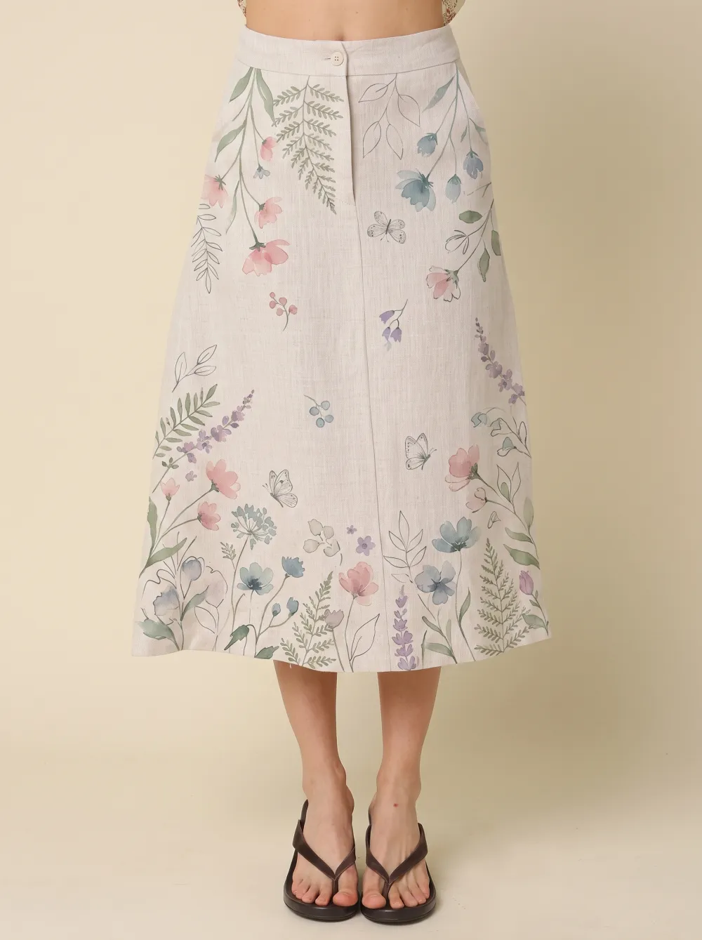 Women's Botanical Garden Butterfly Floral Printed Midi Skirt