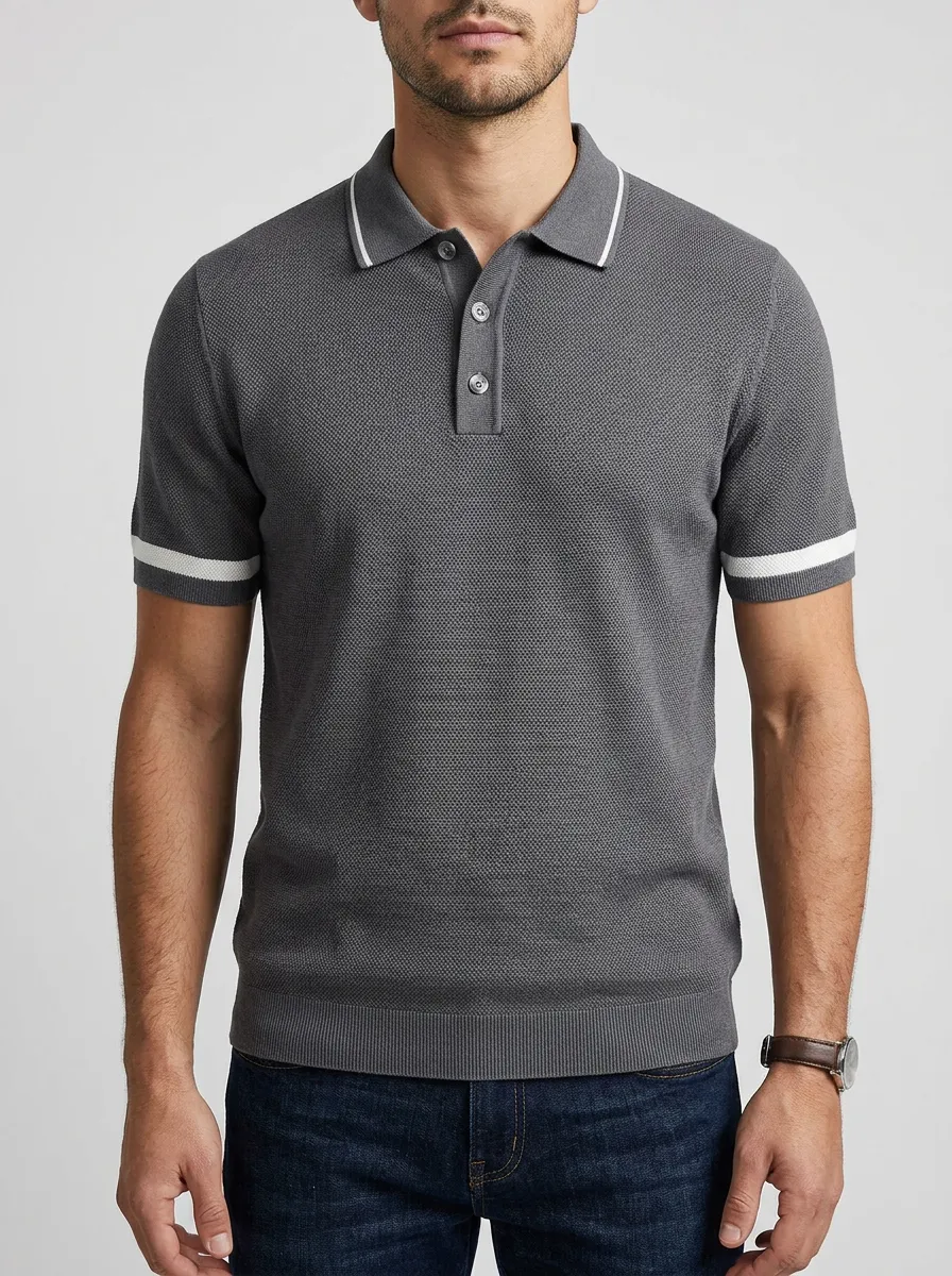 Men's Classic Knit Ribbed Textured Striped Polo Shirt