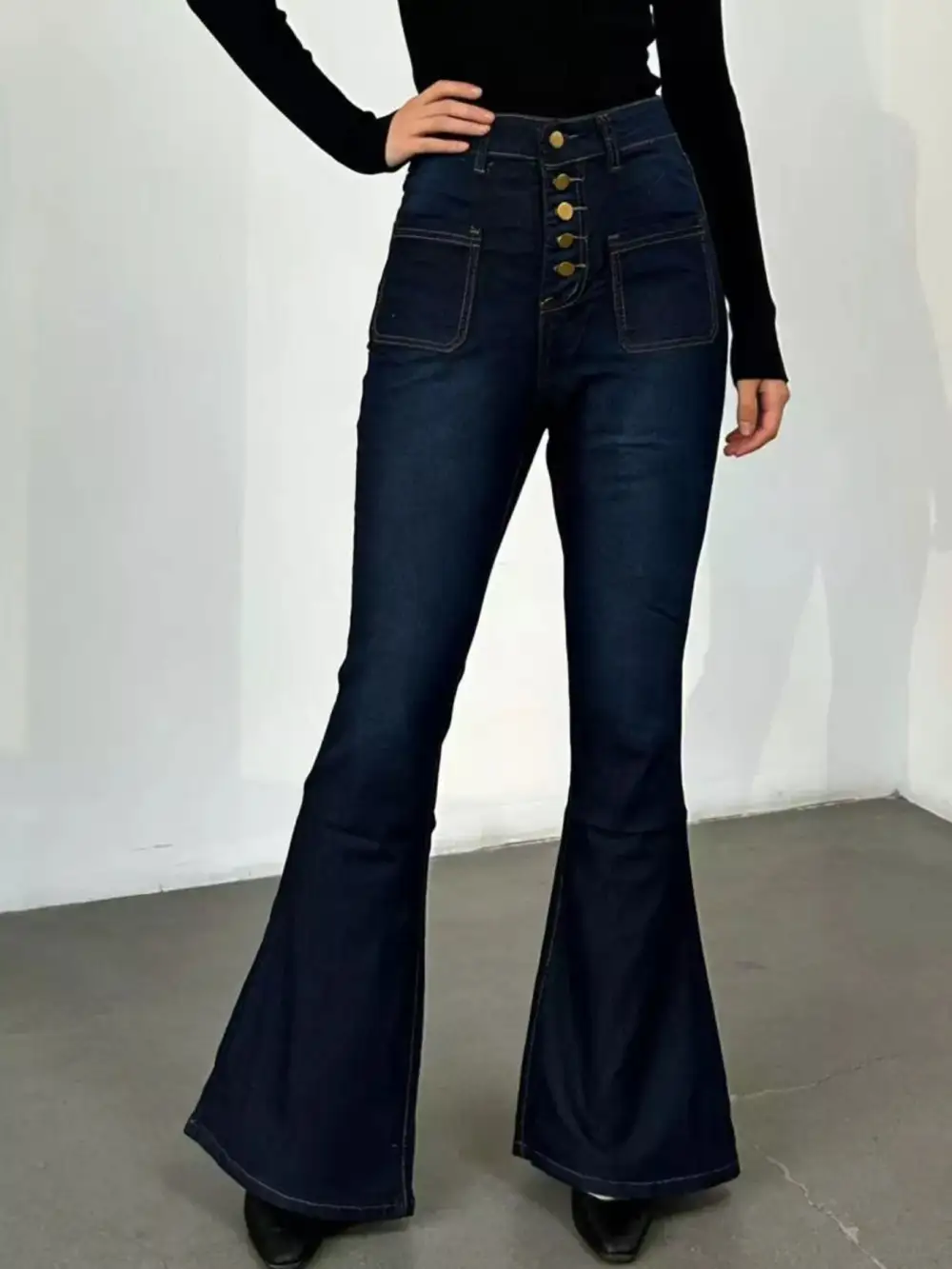Versatile High Waist Flare Leg Button Denim Jeans