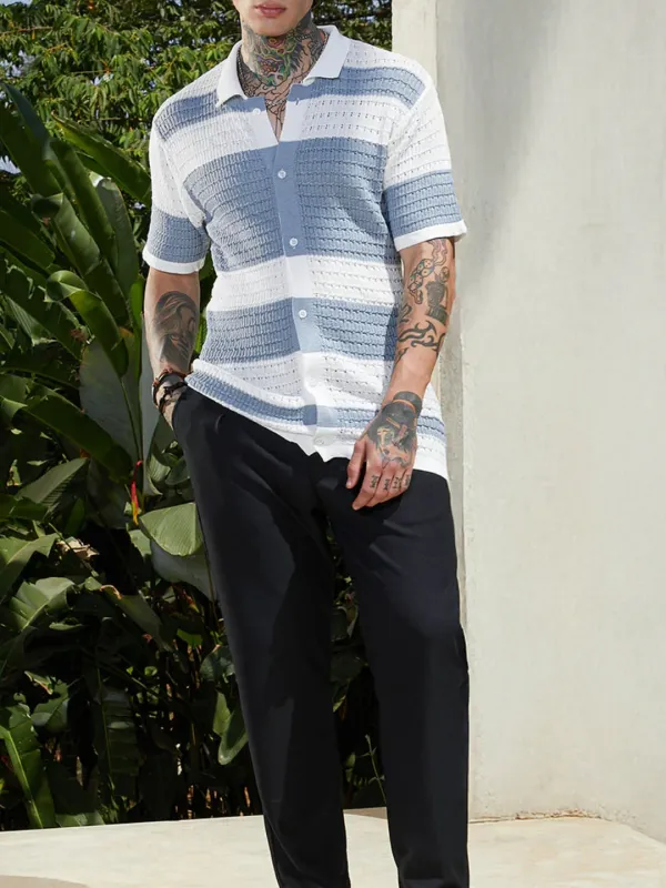 Striped Knit Short Sleeve Polo Shirt