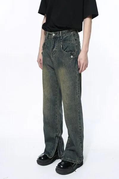 Washed Side-Slit Pocketed Stretch Straight Leg Jeans
