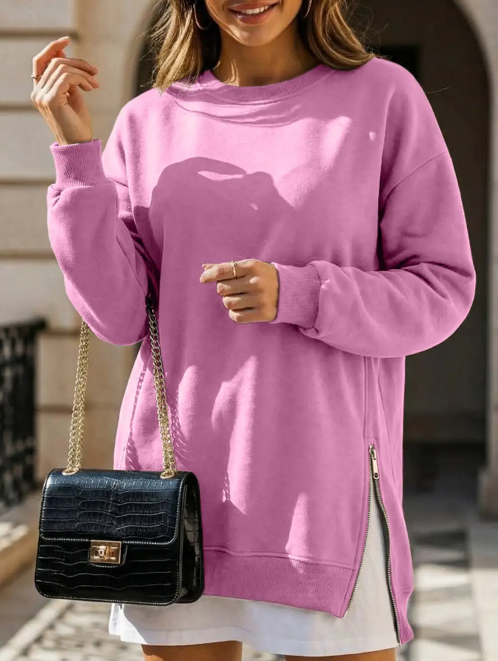 Side Zip Patchwork Pullover Sweatshirt