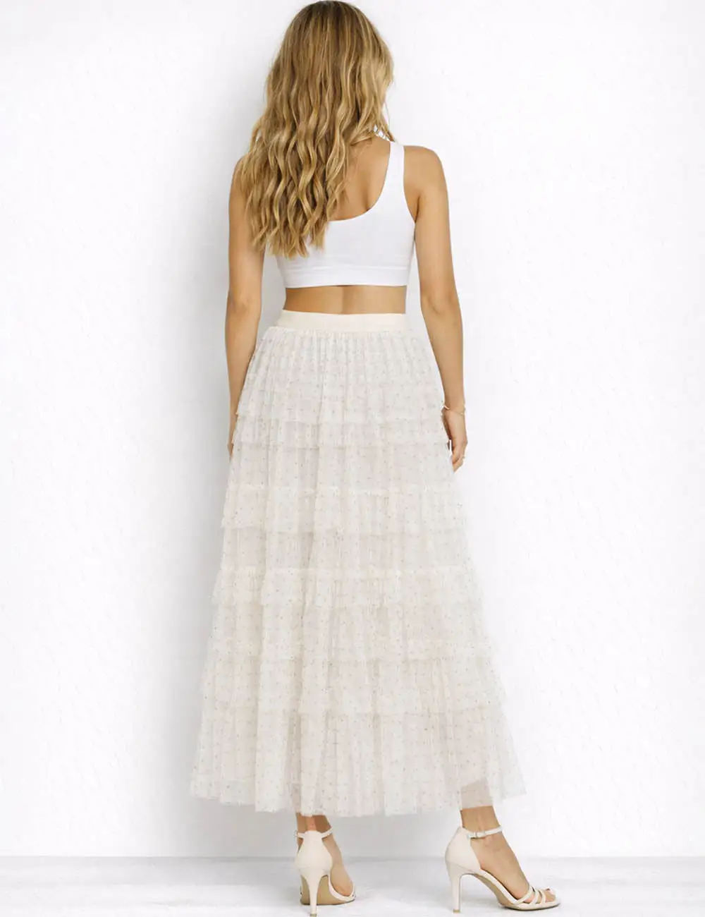 Chic Polka Dot Tiered Ruffle Elastic Waist Midi Skirt