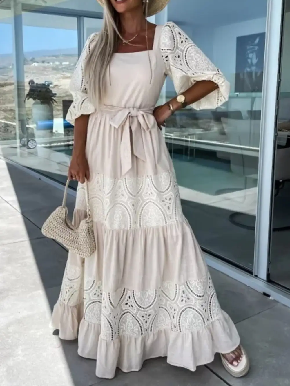 Lace Tie Waist Ruffle Maxi Dress