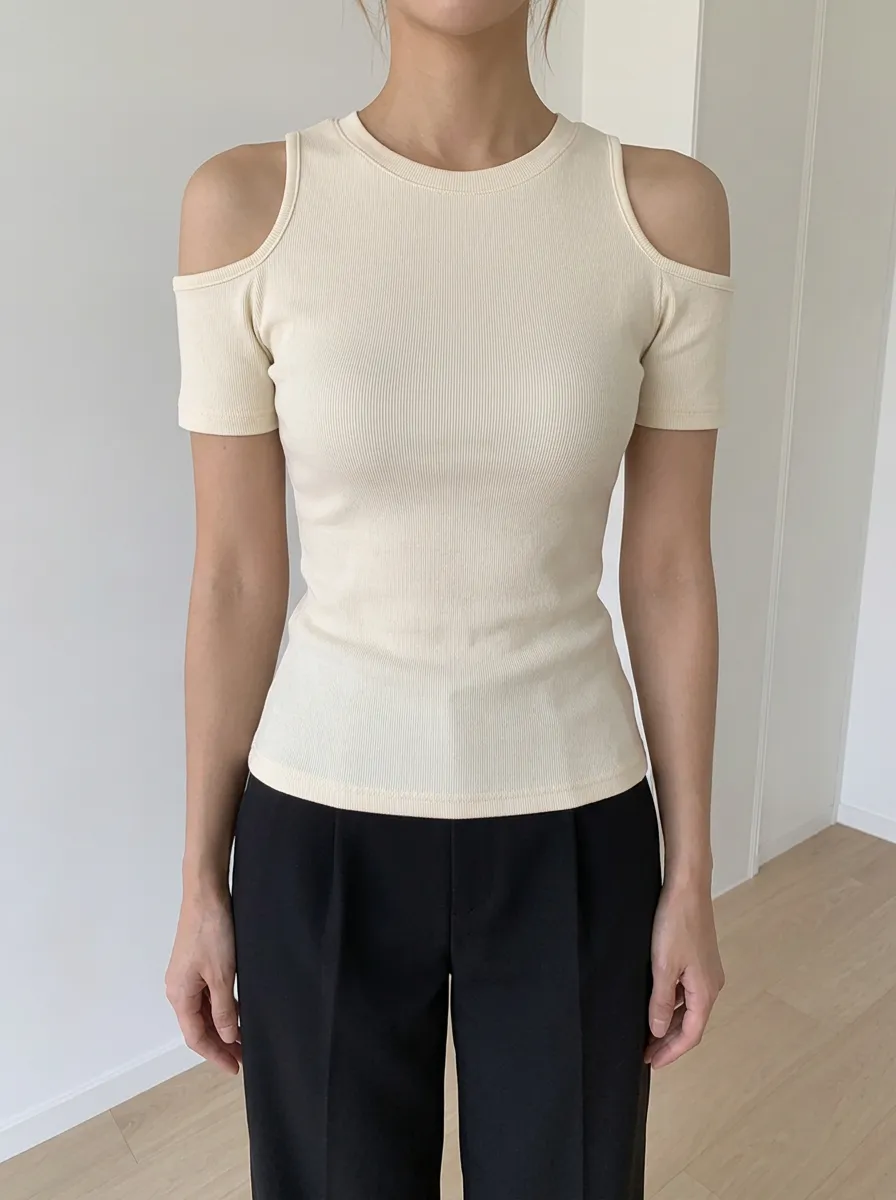 Women's Relaxed Casual Minimalist Ribbed Cold Shoulder Off-Shoulder Top