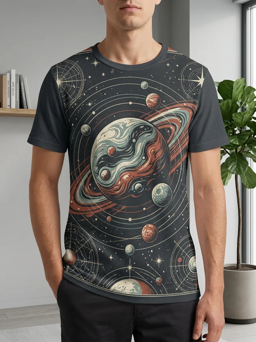 Men's Space Astronomy Lover Saturn Solar System Modern Crew Neck T-Shirt