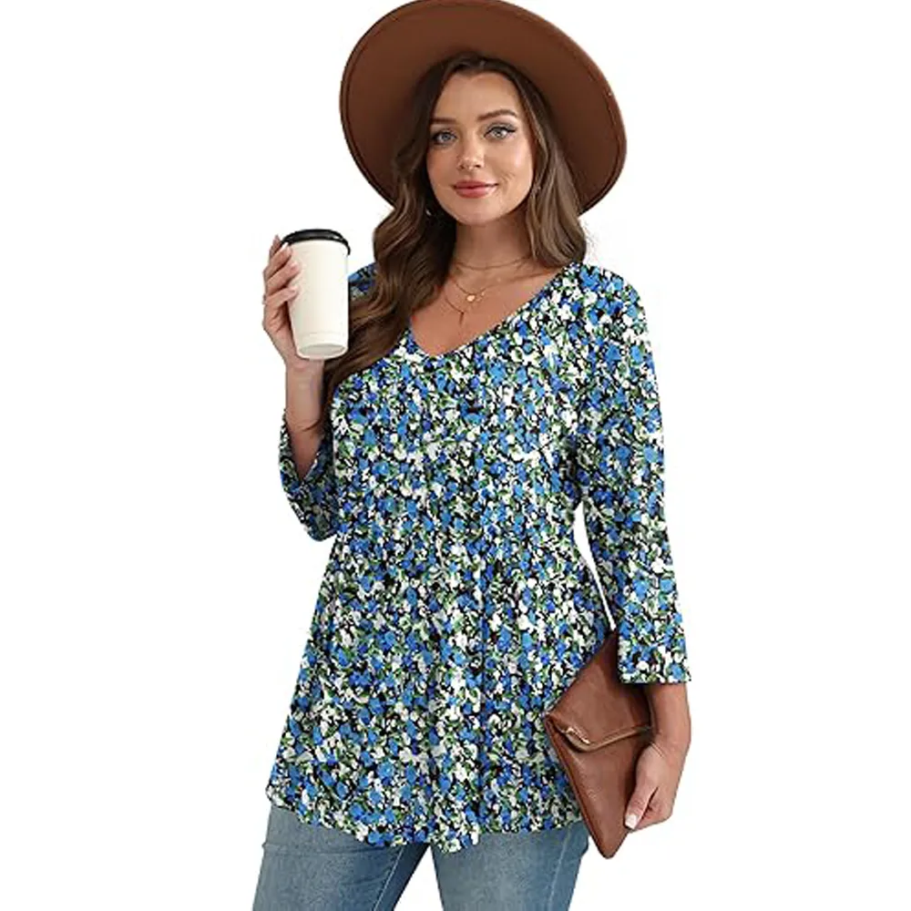 Women's three-quarter sleeve V-neck babydoll top