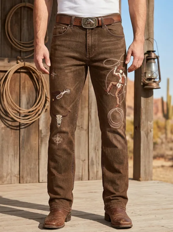 Men's Classic Western Cowboy Rodeo Lasso Skull Jeans