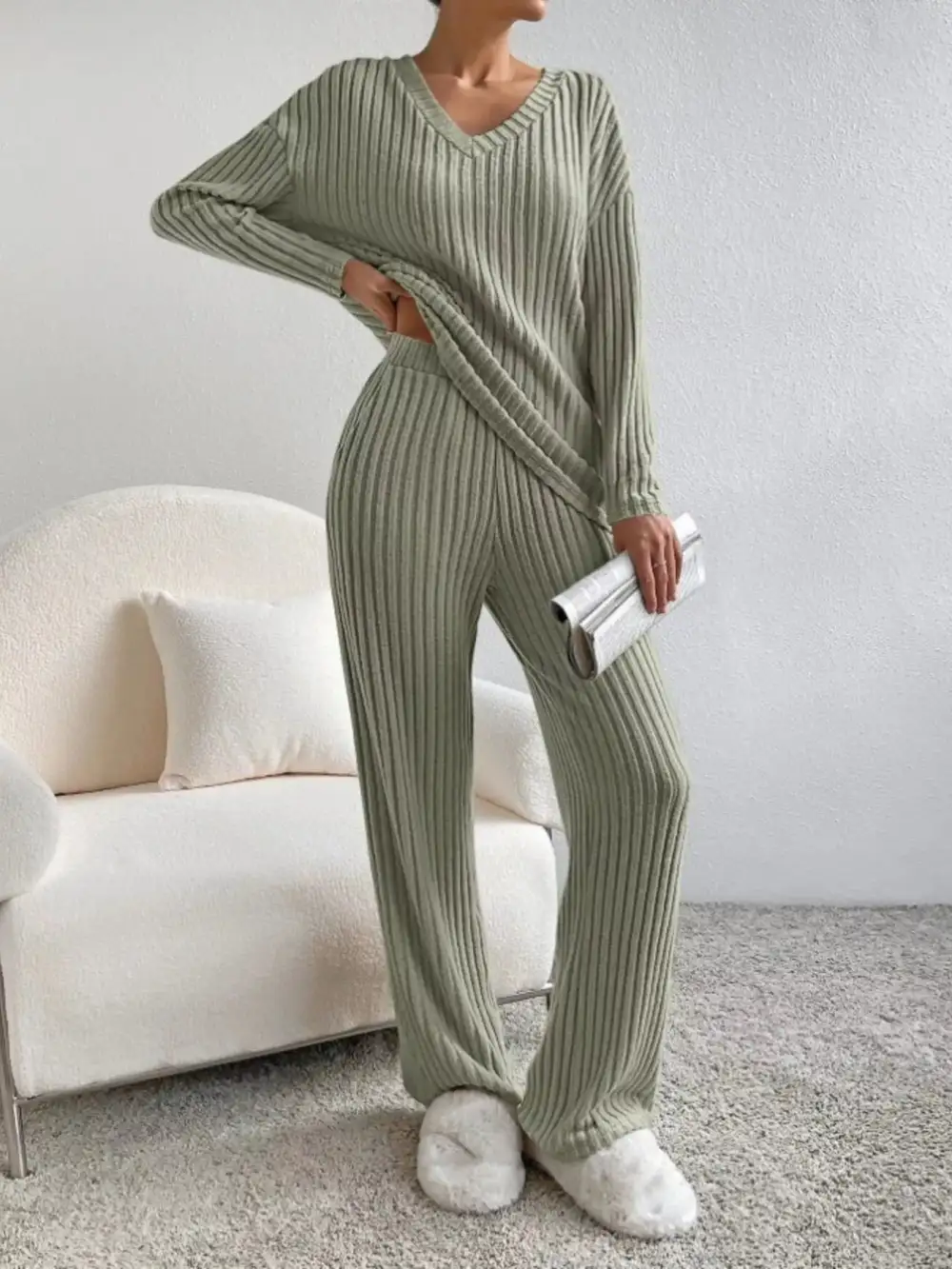 Classic Ribbed Knit V Neck Top and Pants Set