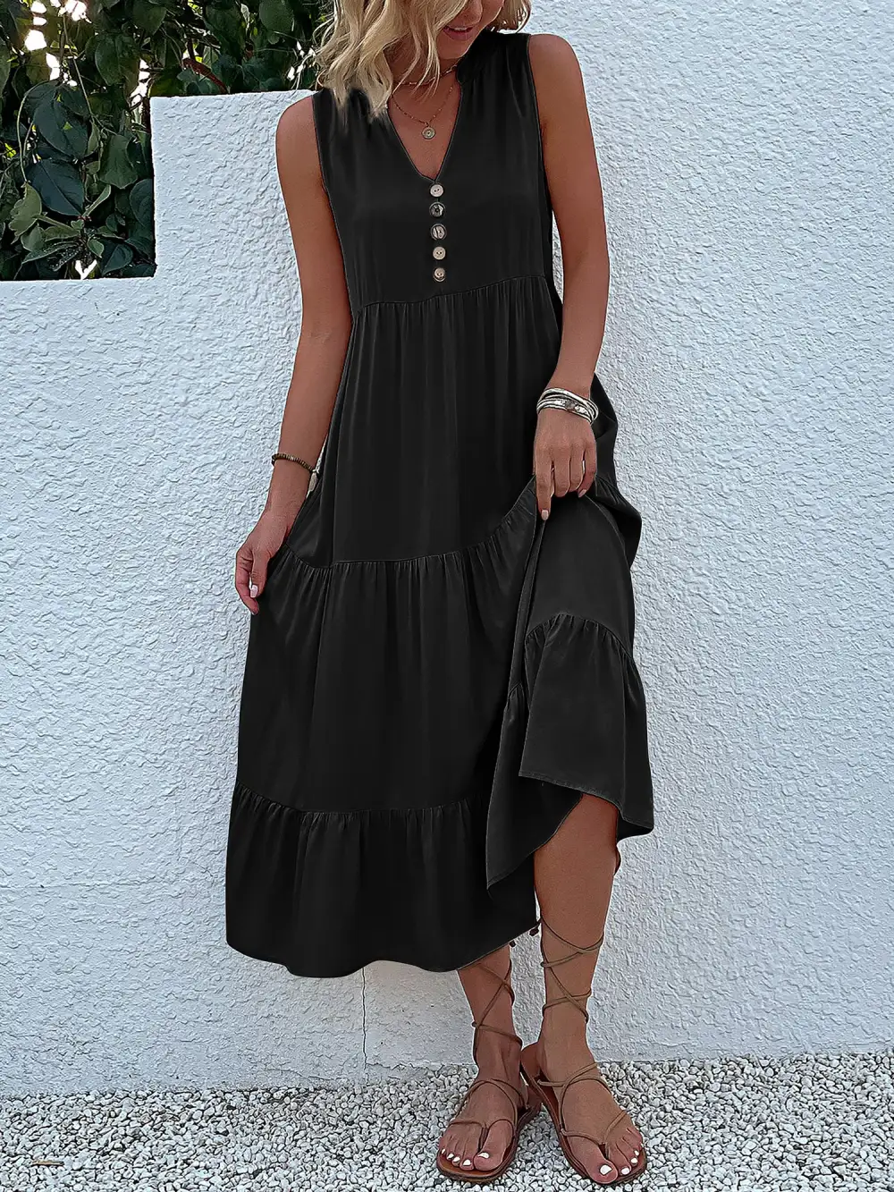 Notch-Neck Buttoned Sleeveless Tiered Midi Dress