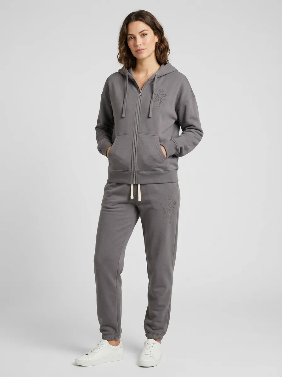 Women's Charcoal Tapered Joggers Zip-Up Hoodie Jacket & Jogger Set