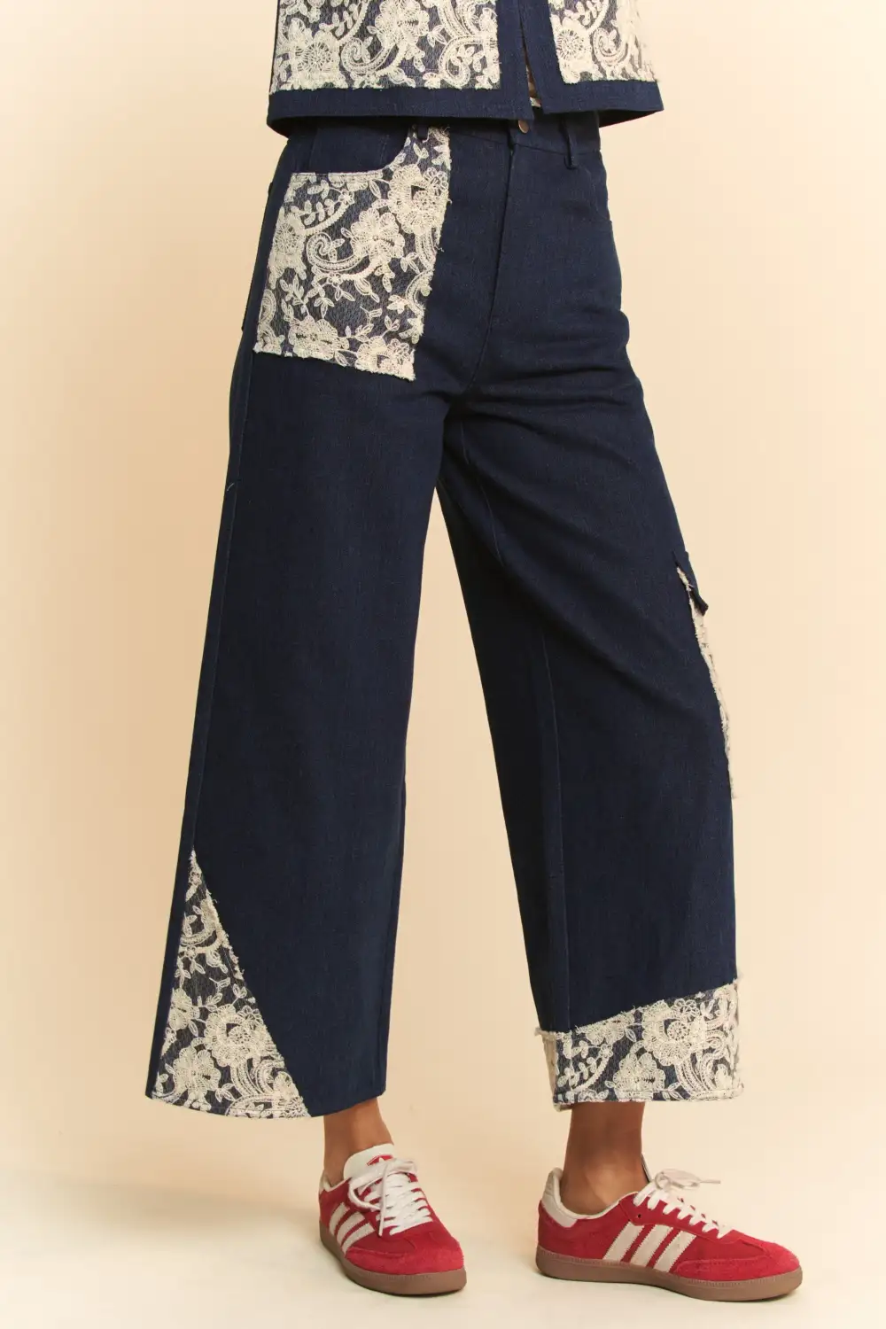 Lace Applique Wide Leg Detail Denim Jeans