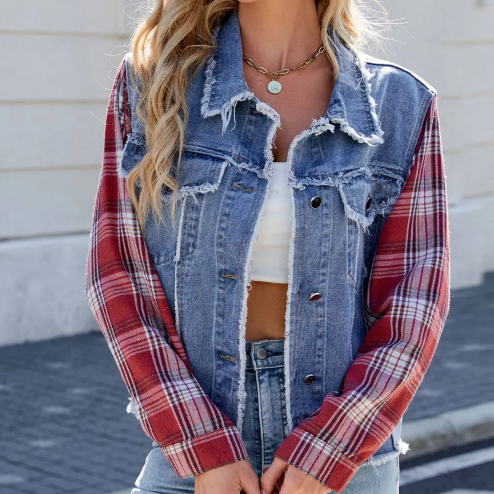 Plaid Patchwork Fringed Denim Casual Outerwear Jacket