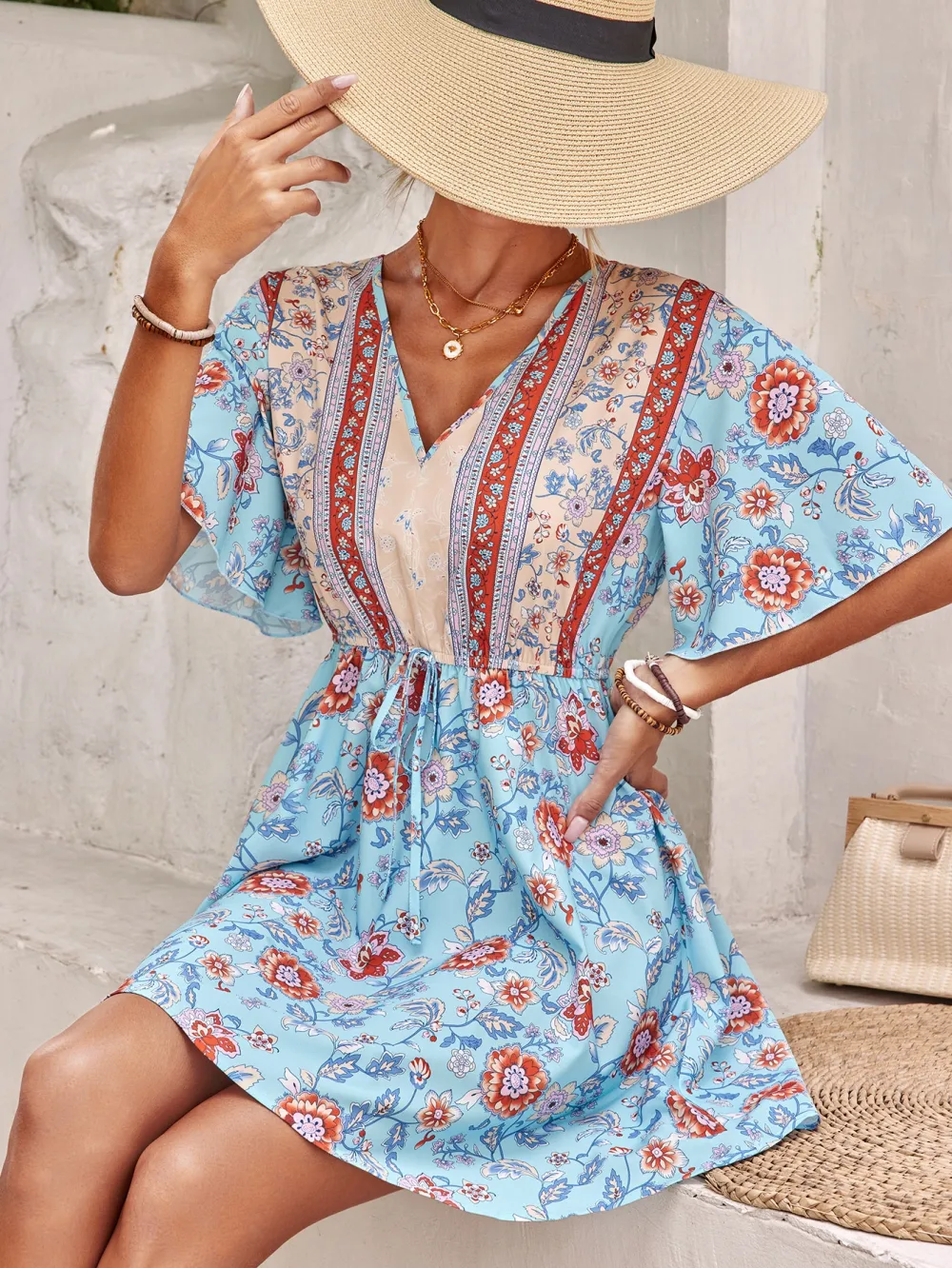 Plus Size Floral Print Butterfly Sleeve Tie Back Knot Front Dress