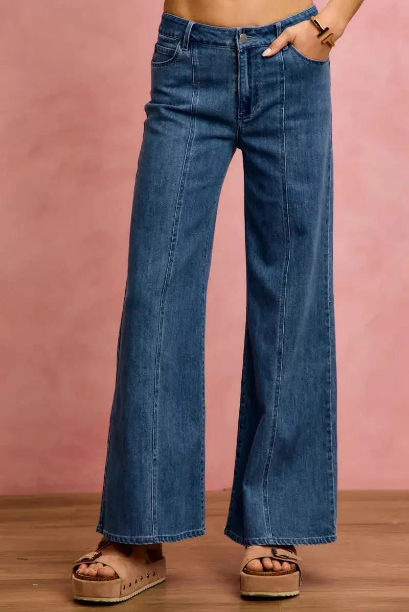 Mid Rise Seam Detail Stretch Denim Jeans
