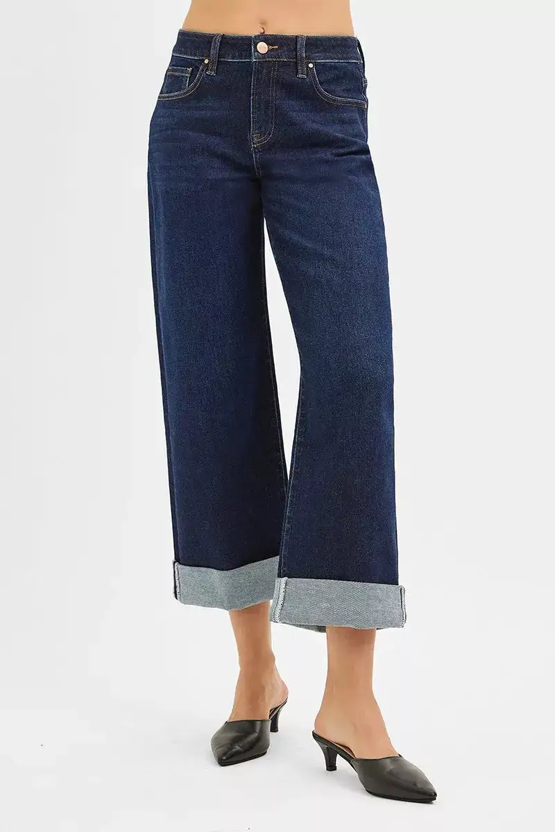Mid Rise Cuffed Hem Wide Leg Jeans