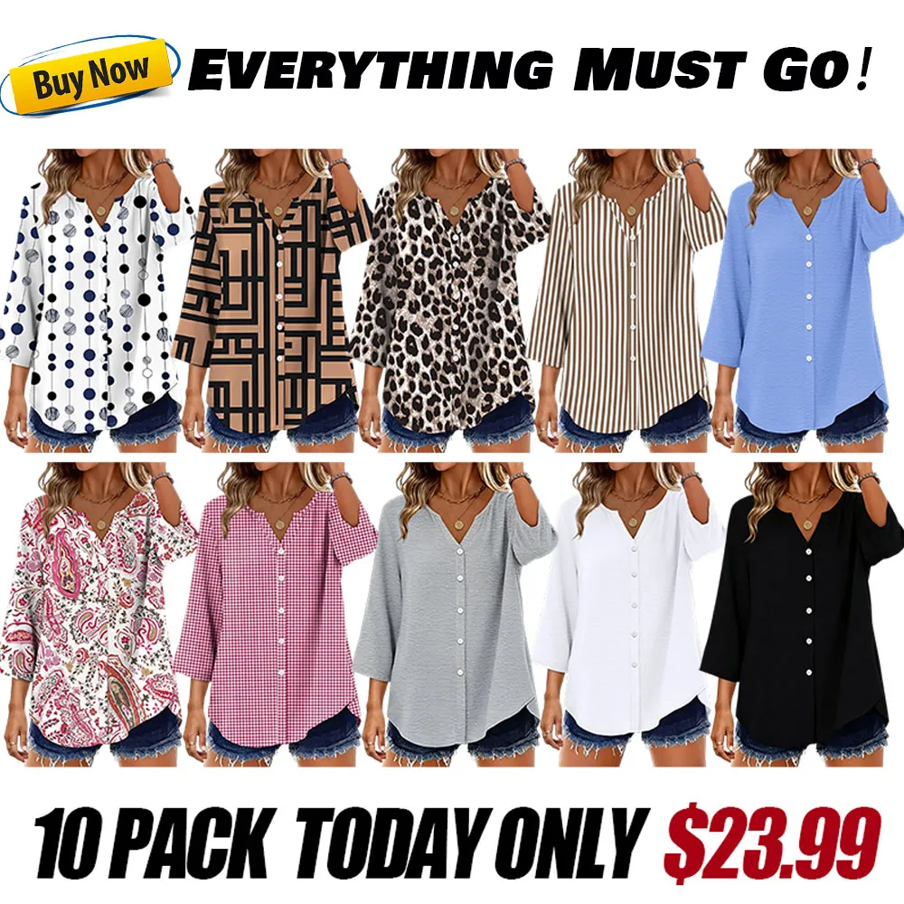 🔥 Women's 3/4 Sleeve V-Neck Button Down Blouse | Loose Fit Casual Tops