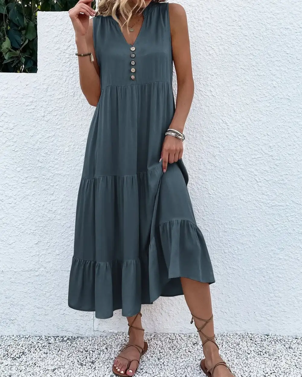 12PACK-Contrast Color Cotton And Linen Casual Dress