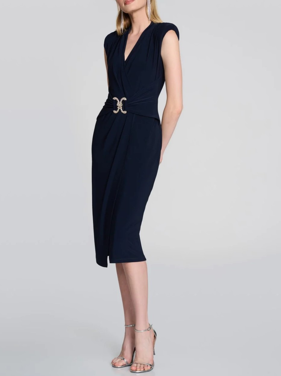 Navy Blue Belted Wrap Midi Dress