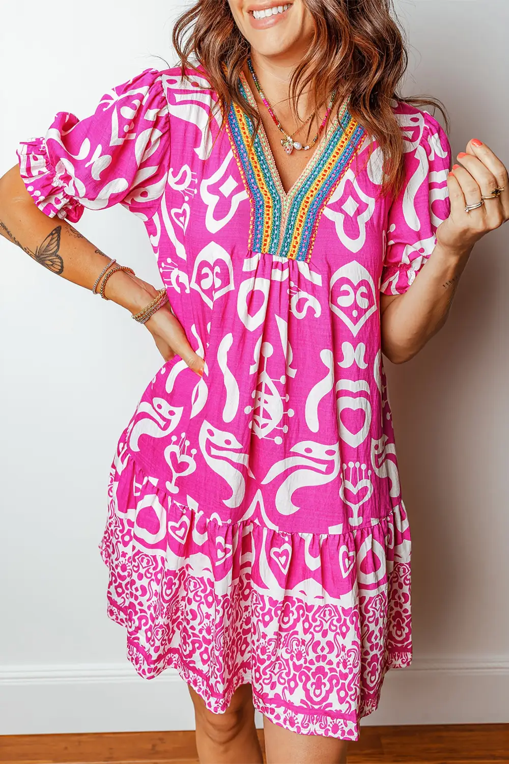Wearable Cut Printed V Neck Short Sleeve Dress