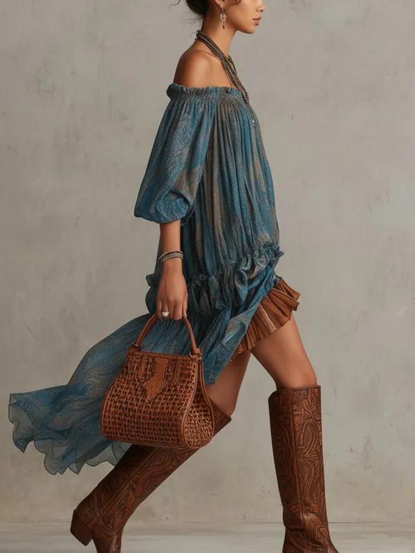 Bohemian Off Shoulder Ruffled Sheer High Midi Dress