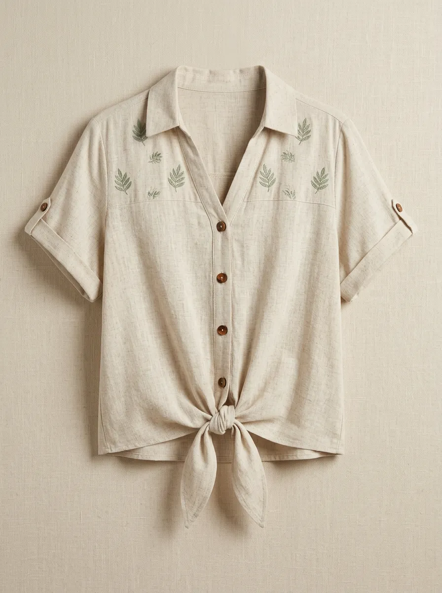 Women's Botanical Nature Lover Green Leaf Embroidered Tie-Front Shirt