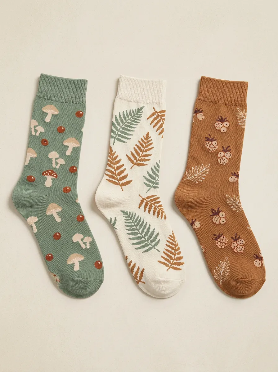 Patterned Mushroom Fern Berry Three Pair Sock Set