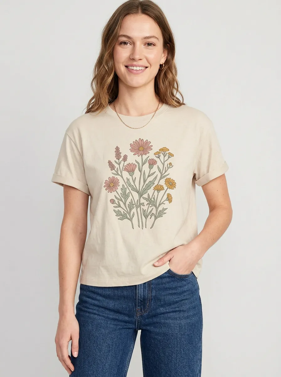 Women's Leisure Wildflower Bouquet Graphic T-Shirt