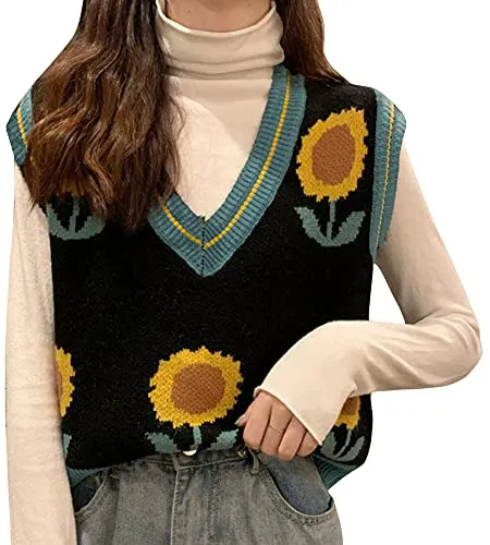 Women V Neck Sweater Vest Y2K 90s Floral Pattern Knit Tank Top Sleeveless Knitwear Black