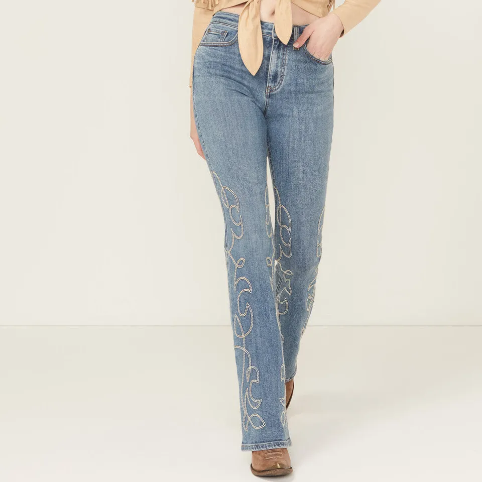 High Rise Bootcut Stretch Denim Embroidered Jeans