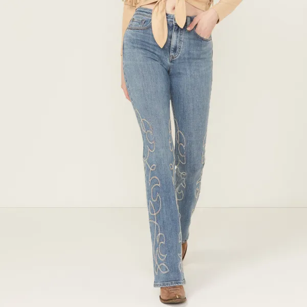 High Rise Bootcut Stretch Denim Embroidered Jeans