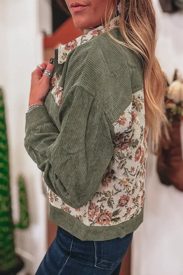 Sage Ribbed Retro Floral Patchwork Shirt Jacket